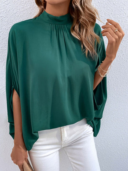 Perfee Tie Back Mock Neck Blouse