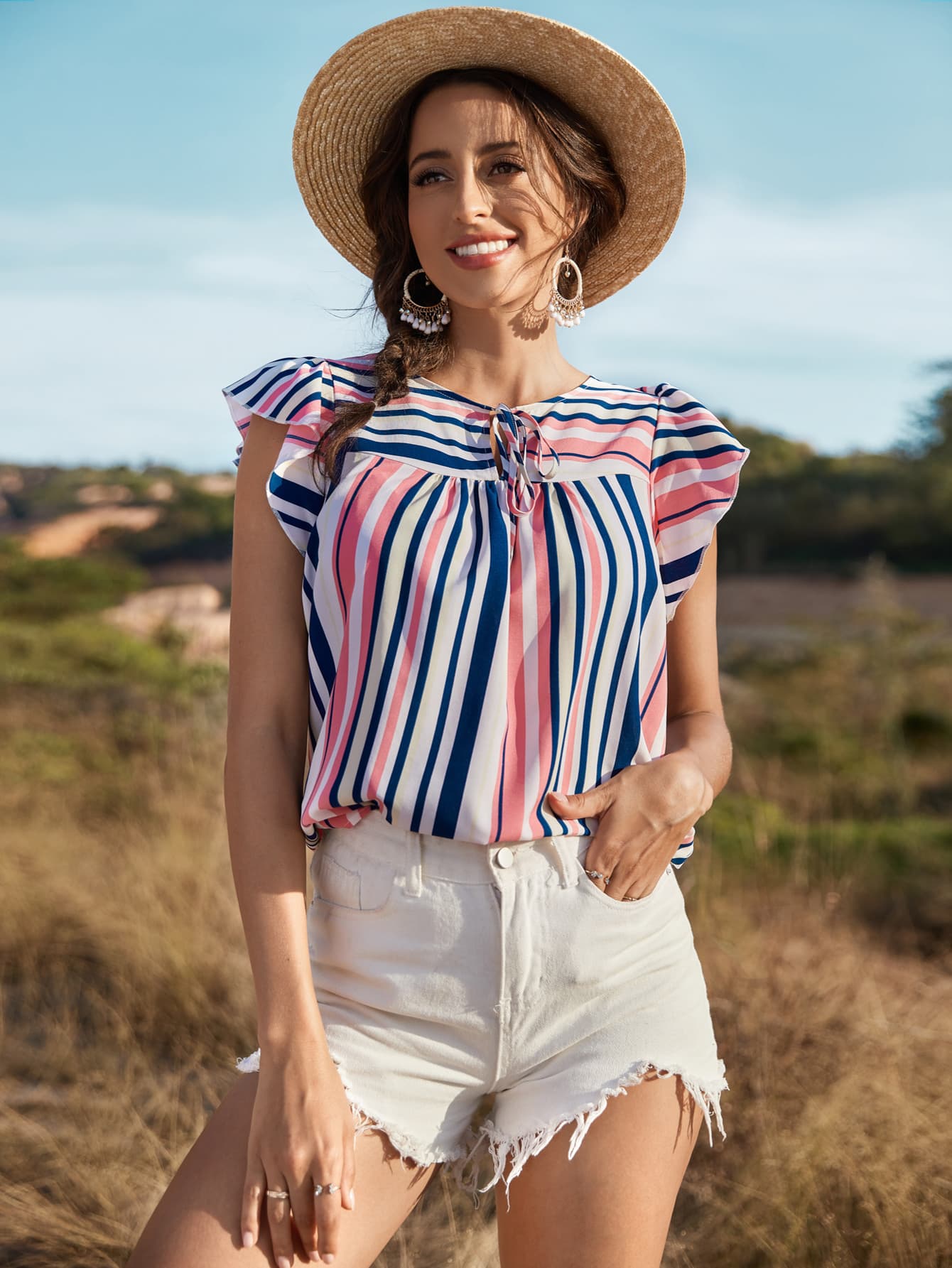 Honey Striped Flutter Sleeve Tied Blouse