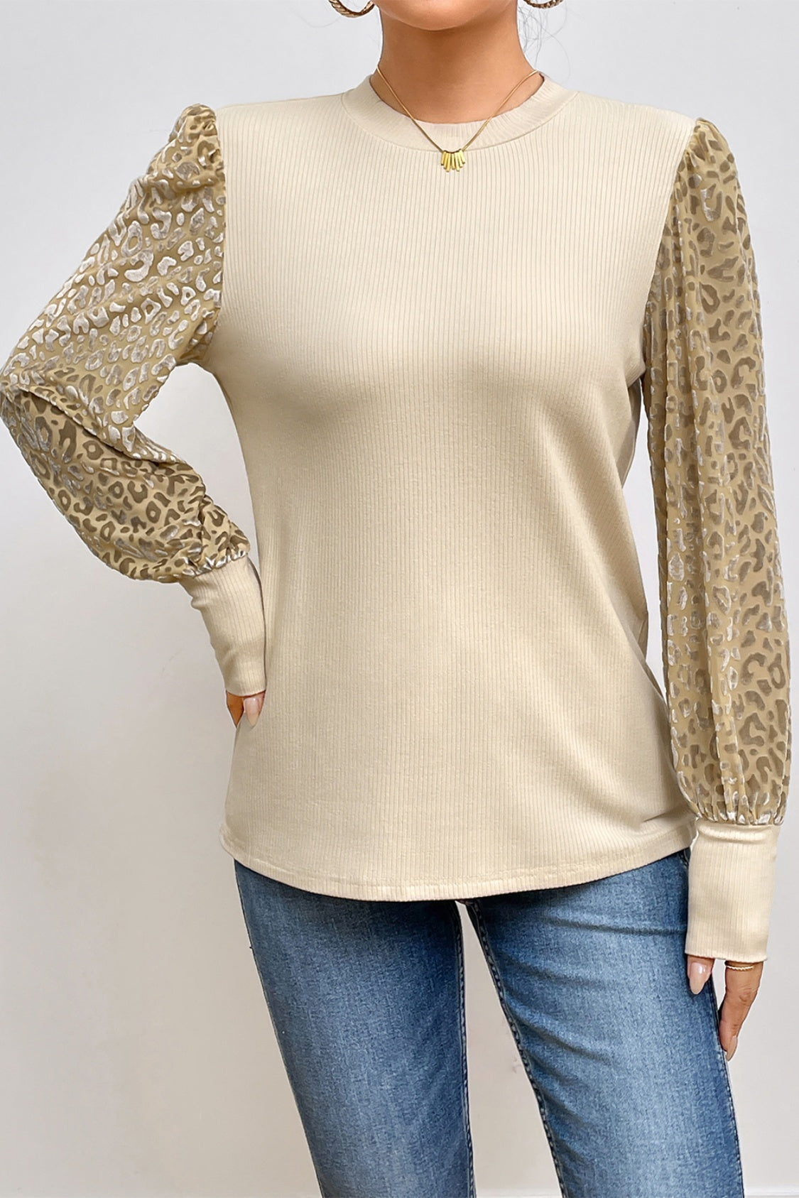 Leopard Print Long Sleeve Ribbed Knit Blouse