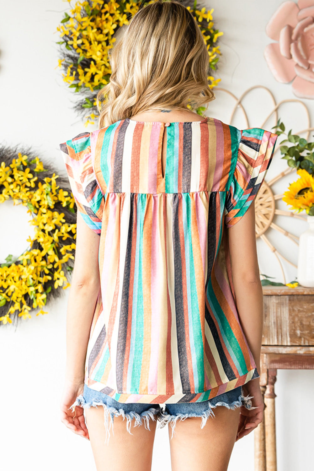 Multicolored Stripe Flutter Sleeve Blouse