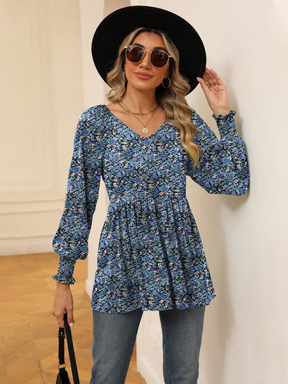 Printed V-Neck Lantern Sleeve Blouse