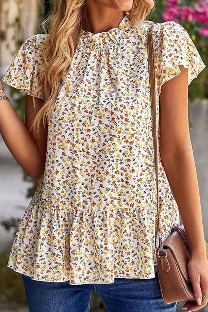 Ditsy Floral Peplum Short Sleeve Blouse