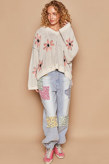 POL Floral Pattern Hooded High-Low Sweater