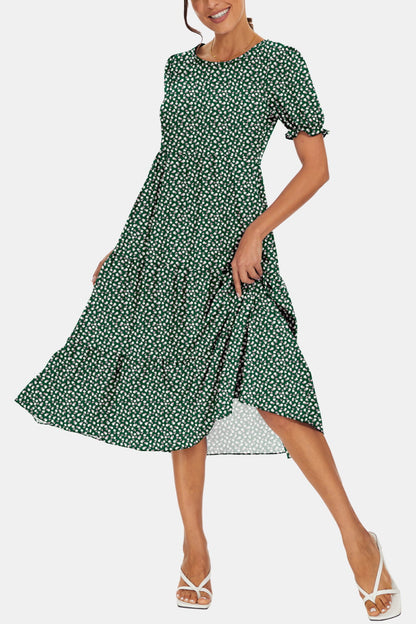 Round Neck Flounce Sleeve Midi Dress