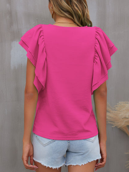 FAM-FAM Round Neck Flounce Sleeve Blouse