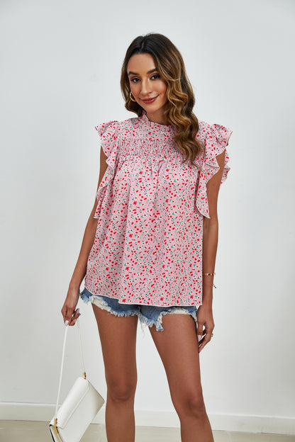 Ruffled Ditsy Floral Mock Neck Cap Sleeve Blouse