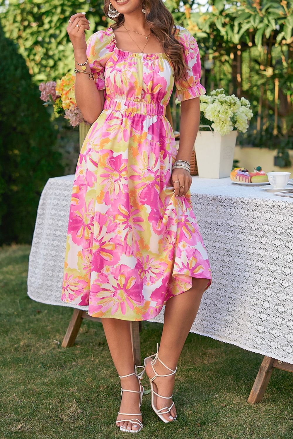 Honey Floral Frill Trim Square Neck Dress