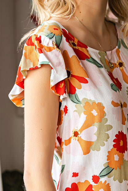 Floral Flutter Sleeve Round Neck Blouse