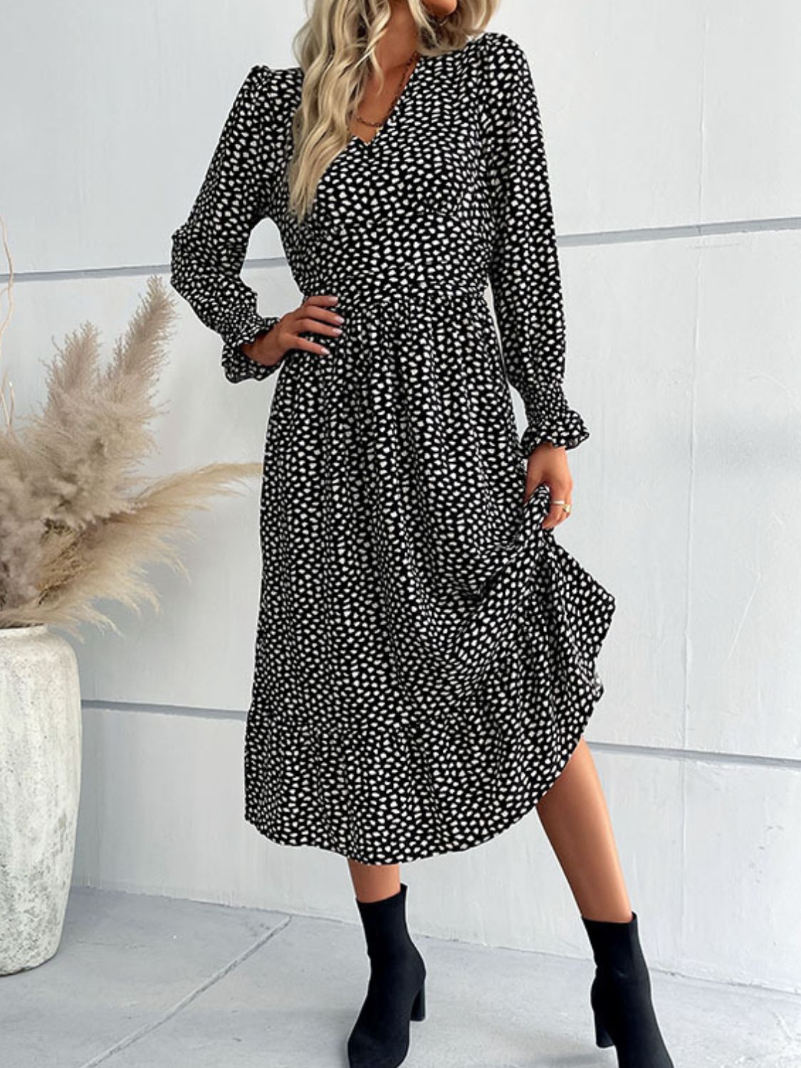 Perfee Printed Flounce Sleeve V-Neck Midi Dress