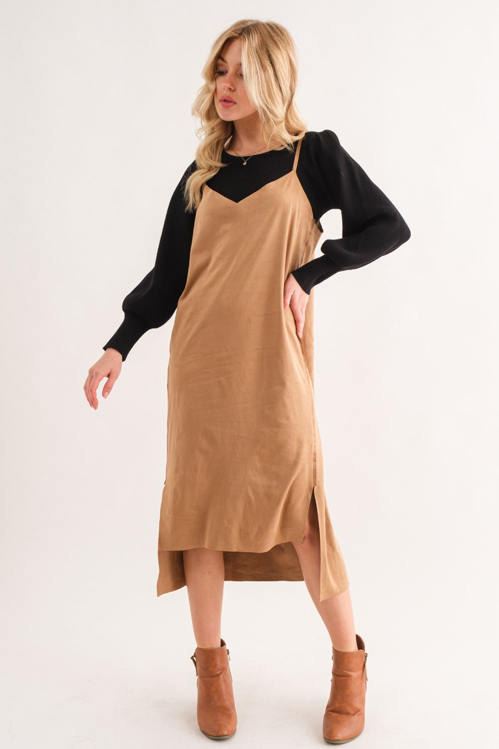 And The Why Faux Suede Cut Edge Slit Cami Midi Dress