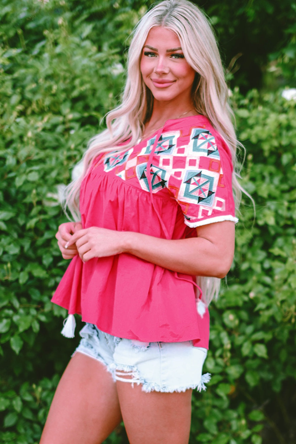 Embroidered Tie Neck Short Sleeve Blouse