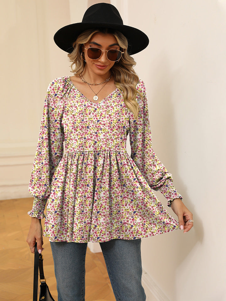 Printed V-Neck Lantern Sleeve Blouse