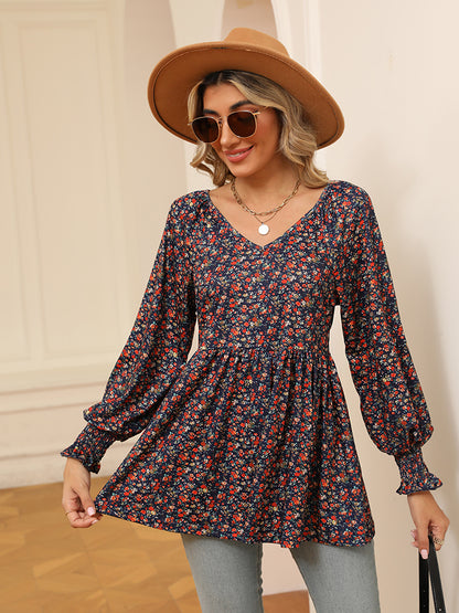 Printed V-Neck Lantern Sleeve Blouse