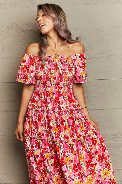 Perfee Floral Off-Shoulder Frill Trim Maxi Dress