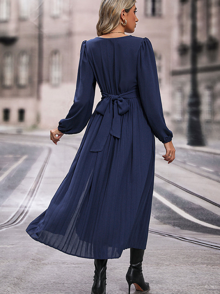 Perfee V-Neck Long Sleeve Pleated Slit Dress