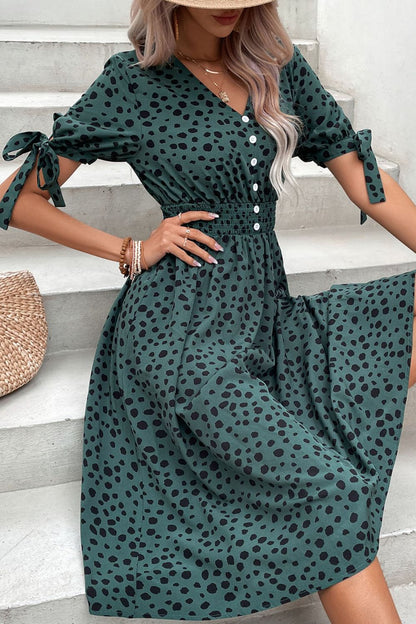 Perfee Printed Tie Cuff Smocked Waist Dress