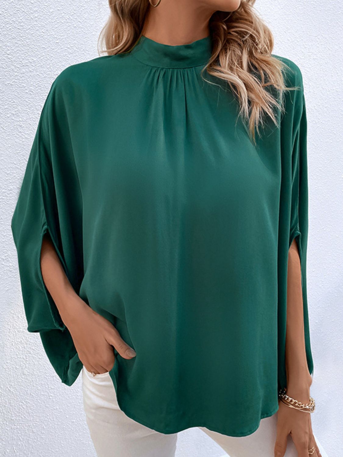 Perfee Tie Back Mock Neck Blouse