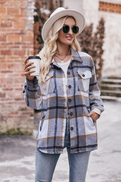 Mandy Plaid Long Sleeve Shirt Jacket with Pockets