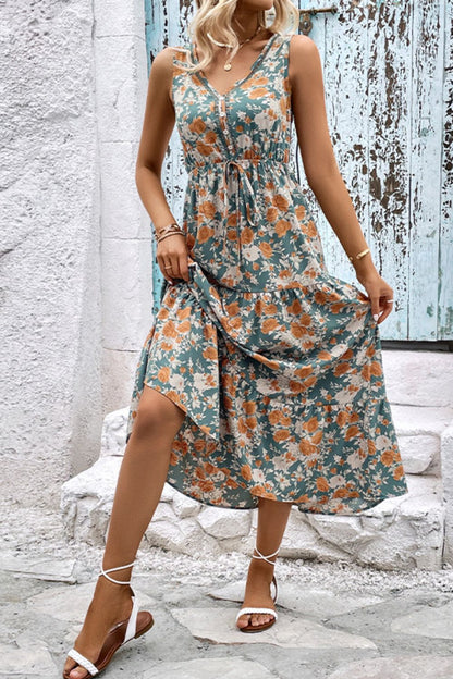 Perfee Floral V-Neck Tiered Sleeveless Dress