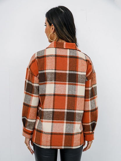 Shiny Plaid Button Up Collared Neck Jacket