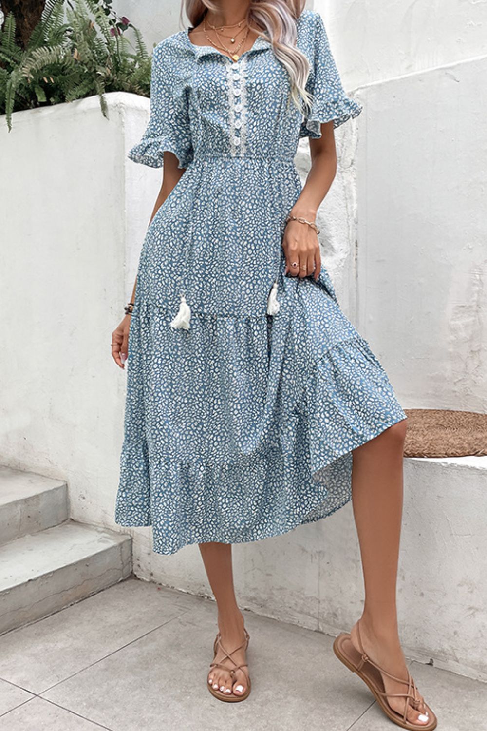 Perfee Printed Tassel Tie Flounce Sleeve Dress