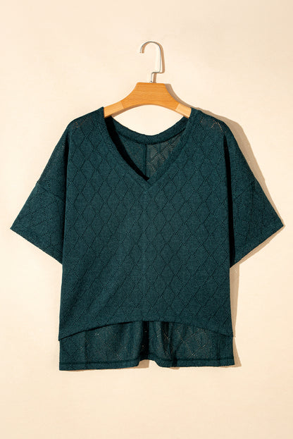 Blackish Green V Neck Knitted Flowy Blouse
