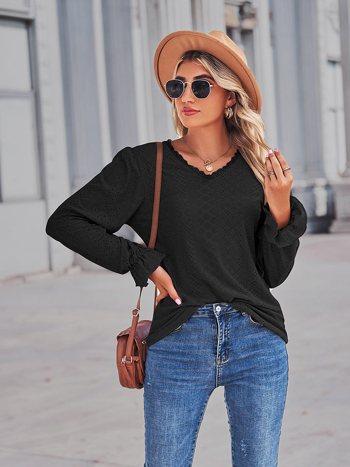 Eyelet V-Neck Flounce Sleeve Blouse