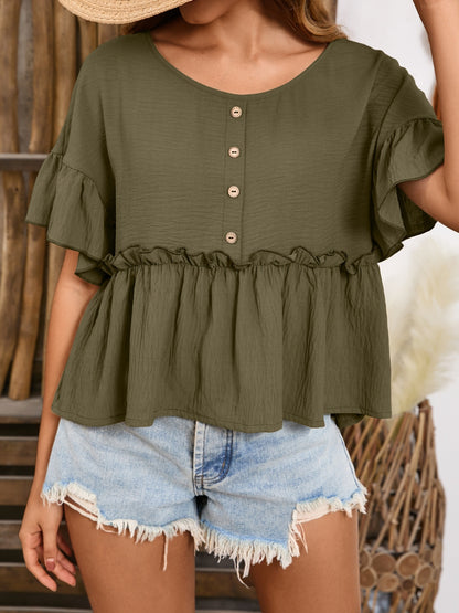 Frill Decorative Button Round Neck Half Sleeve Blouse