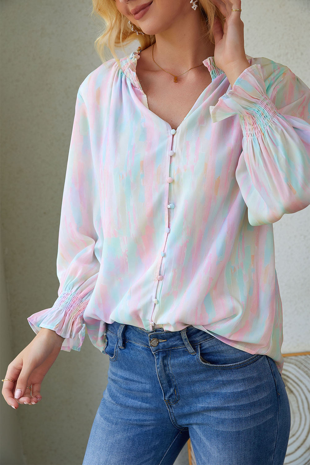 Notched Neck Flounce Sleeve Blouse